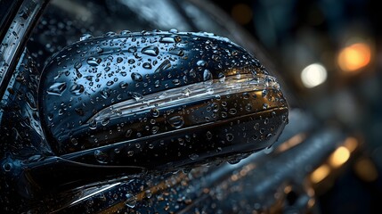 Sleek car mirror with rain droplets