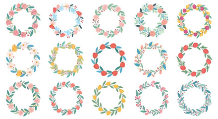 Fototapeta premium Set of watercolor floral wreaths with various colorful flowers and leaves.