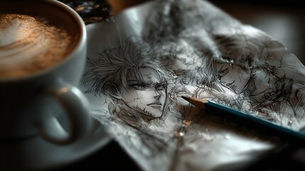 Latte art sketches in coffee shop