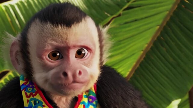 A detailed portrait of a white-headed capuchin monkey (Cebus capucinus). The monkey looks directly at the camera with large, expressive eyes. Its iconic brown hair tuft is prominent against the lighte