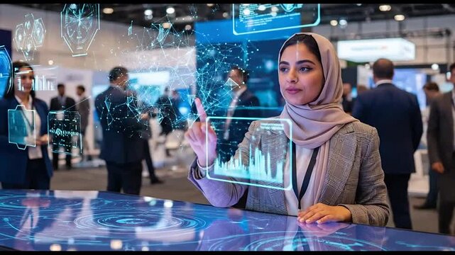 Professional woman explores futuristic data visualization at technology conference