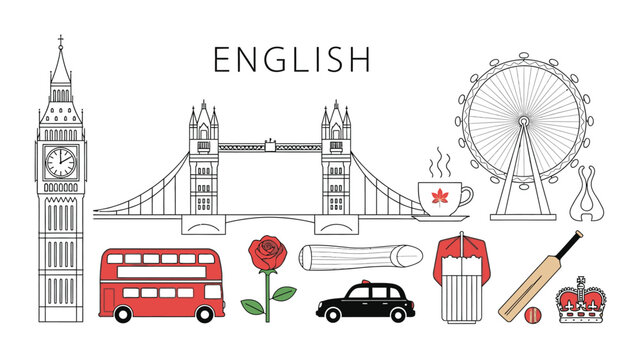 Illustration of iconic English symbols including Big Ben, London Bridge, a red bus, and a rose on a white background with a mix of line drawings and simple icons.