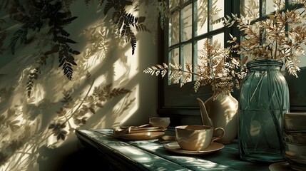 Shadow play ferns on table indoor