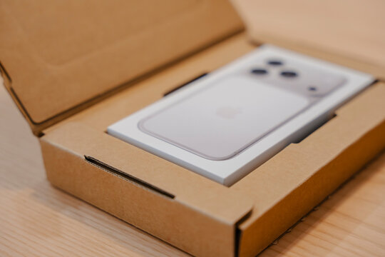February 12, 2026, Seoul, South Korea - iPhone 17 Pro retail box inside a cardboard shipping box