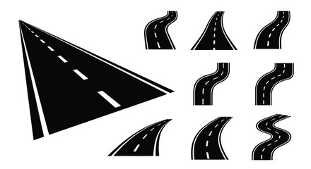 Black and white illustration of various winding road segments