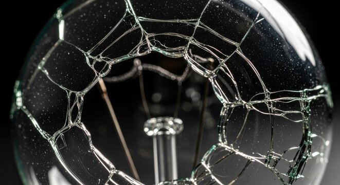 Close-up of shattered glass orb revealing intricate spiderweb-like cracks and water droplets, artistic macro photography with dark background and dramatic lighting, abstract science and nature concept
