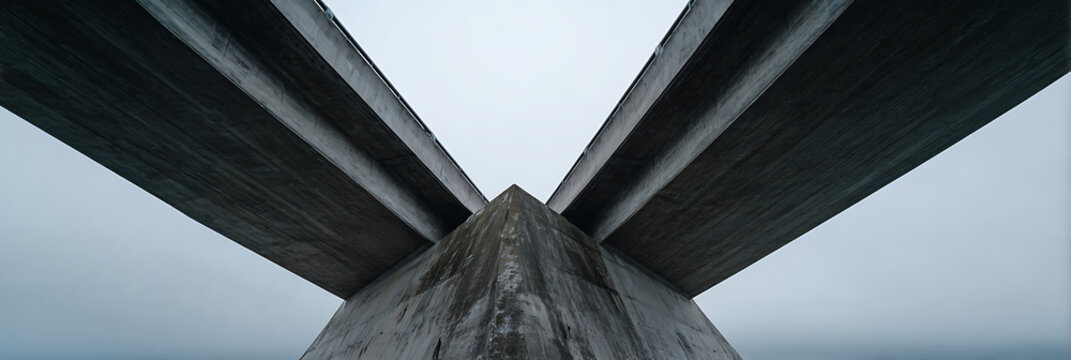 Low angle view of massive concrete bridge pillar supporting highway overpass, highlighting industrial engineering, geometric symmetry and heavy urban infrastructure design