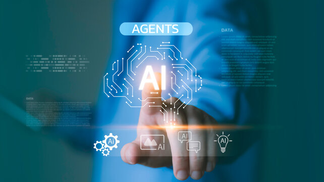 The concept of AI agents and artificial intelligence envisions humans using their hands to interact with virtual AI interfaces for analysis, communication, and advanced business technology systems.