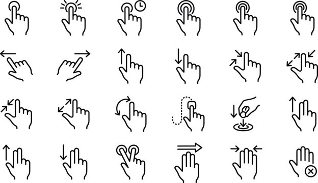 Touch gesture icons set, finger tap swipe pinch mobile interface vector illustration collection isolated on white background