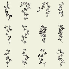 Black vintage floral frame set with grunge ink leaves and ornamental vector border illustration