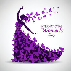 Fototapeta premium Elegant silhouette of a woman surrounded by purple butterflies celebrating international women's day