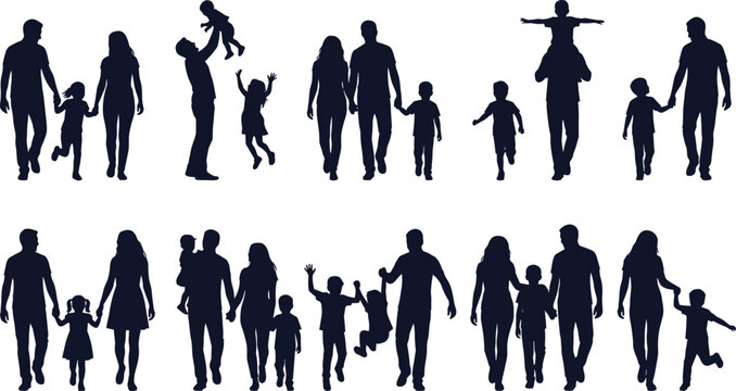 Family silhouettes icons set with parents and children walking playing together vector illustration collection for parenting and lifestyle design