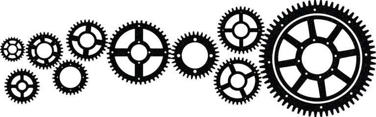 Obraz premium Black Silhouette Gears Interlocking In A Row With Textured Surface On White Keywords: gears, cogwheels, machinery, mechanical