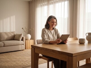 Elderly woman using tablet while sitting at dining table indoors  