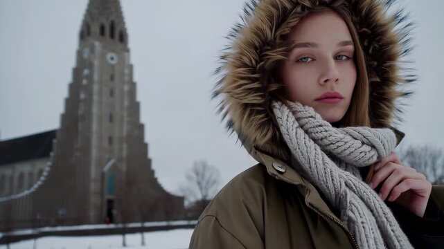 A Caucasian woman in a fur-lined parka stands before a historic cathedral, embodying abstract concepts of cultural continuity and the introspective nature of winter. The soft light highlights the conn