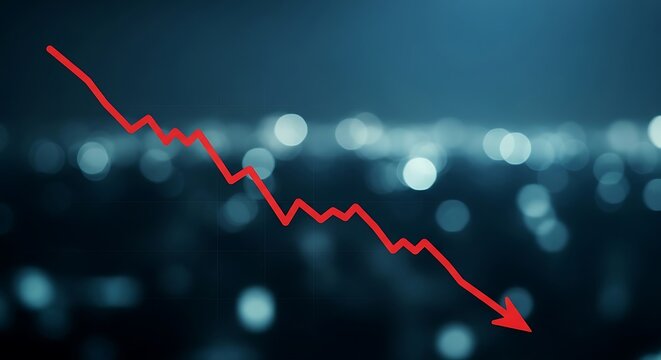 A red down arrow indicates decline against a bokeh city background