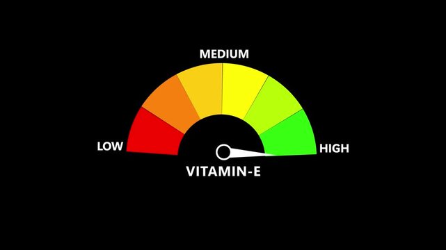 Vitamin E Level Text or Word Low and Medium to High Meter Concept Animation. ideal for concepts related to vitamin E deficiency, nutrition and bone health. 4k video.