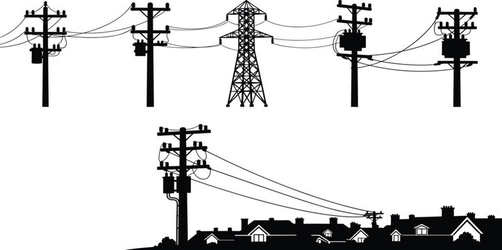 Residential suburban neighborhood house silhouettes with electrical utility poles, power line infrastructure, urban energy distribution network, suburban street landscape icons,