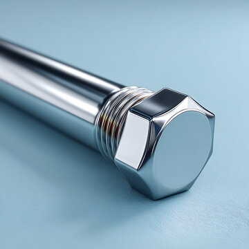 Close-up of a high-quality chrome-plated hexagonal bolt head and threaded metal pipe on a blue background, perfect for industrial engineering and hardware design concepts.