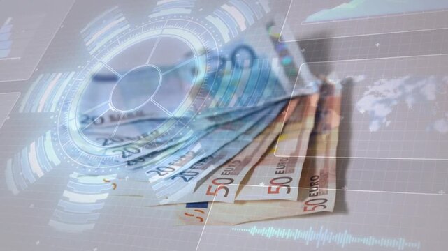 HUD overlay appearing and causing euro notes sliding, opening and fanning, showing financial data