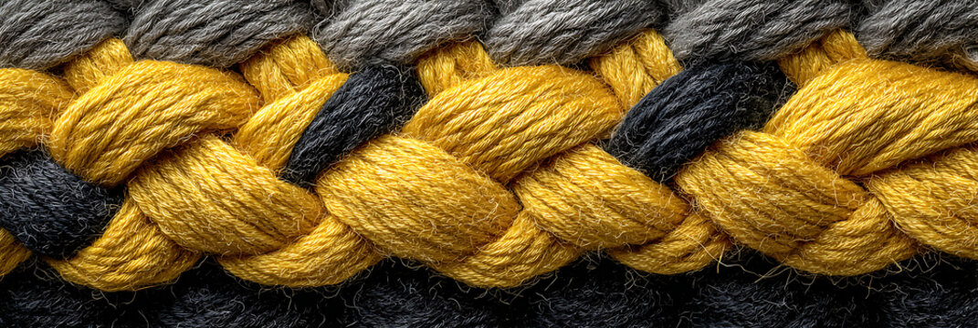 Close-up macro view of a durable braided rope with yellow and black woven fibers. A high-resolution textile texture ideal for industrial, nautical, or craft designs.