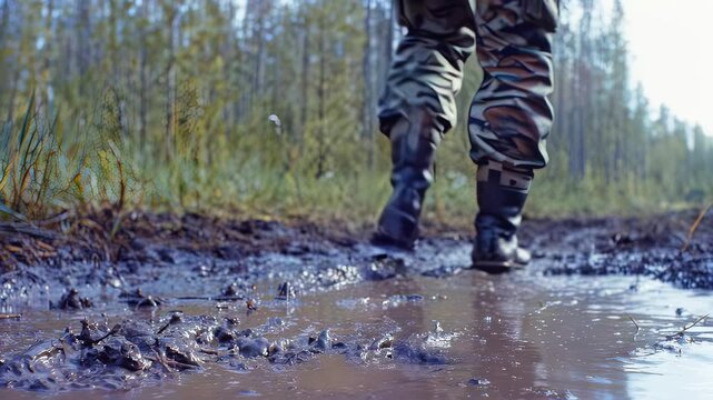 Black combat boots step through muddy puddles on a forest path, showcasing the progression of movement through wet terrain in a natural outdoor setting