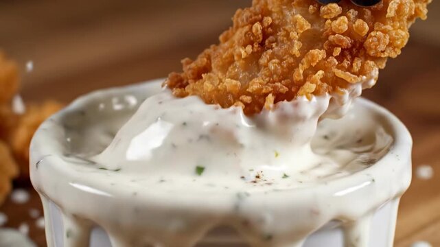 Slow motion close-up of a perfectly golden chicken tender dipping into a creamy white ranch dressing ramekin creating a dramatic splash effect dipping into, culinary, slow motion close-up