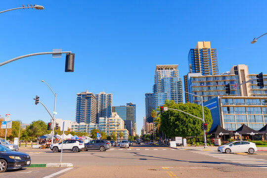San Diego, California - December 30, 2025: Vibrant Downtown San Diego Skyline and Street Scene in Sunlight