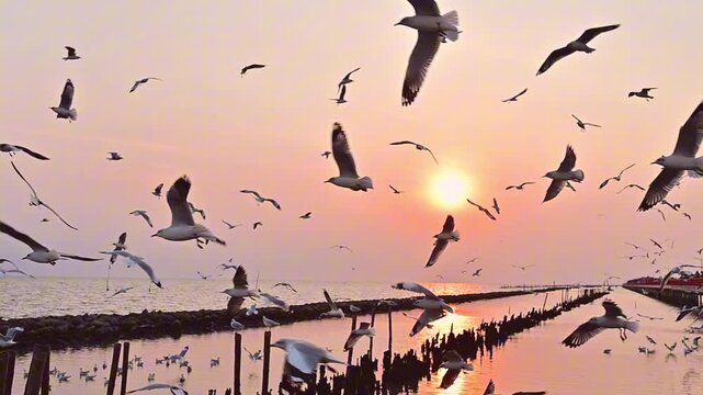 Seagulls flying over the sea during sunset in Thailand
