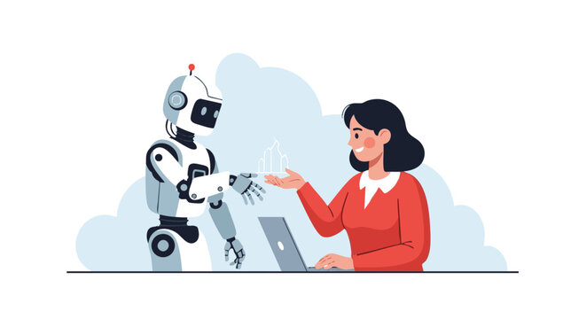 Woman interacting with robot in minimalist flat design with pastel colors and soft lighting for technology illustration