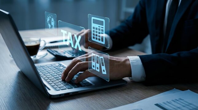 Businessman using laptop for online tax filing and financial accounting with digital icons