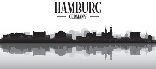 Fototapeta premium Black and white panoramic poster of the city skyline with misty background buildings and water reflection of HAMBURG, GERMANY