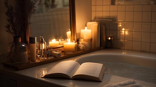 Candlelit Bathroom with Book in Bathtub.