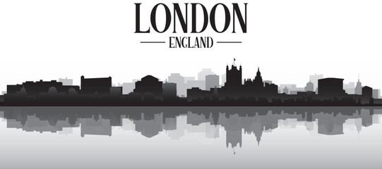 Fototapeta premium Black and white panoramic poster of the city skyline with misty background buildings and water reflection of LONDON, ENGLAND