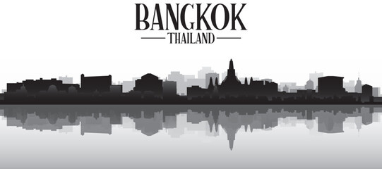 Obraz premium Black and white panoramic poster of the city skyline with misty background buildings and water reflection of BANGKOK, THAILAND