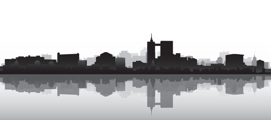 Obraz premium Black and white panoramic poster of the city skyline with misty background buildings and water reflection of BRUSSELS, BELGIUM