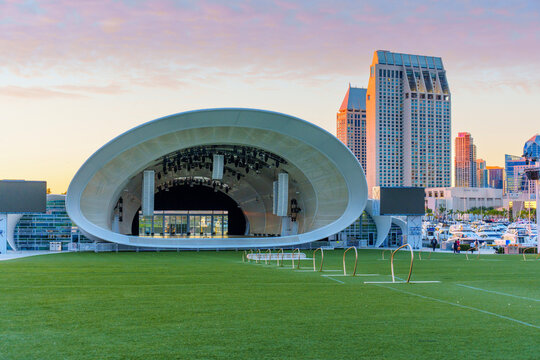 San Diego, California - December 30, 2025: Rady Shell Jacobs Park and San Diego Skyline at Sunset
