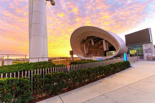 San Diego, California - December 30, 2025: The Rady Shell and Jacobs Park Under Golden Sunset