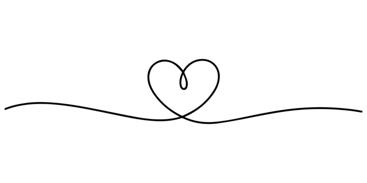 A heart and a sign of love in a continuous one line drawing. Single line drawing heart. Minimalistic vector illustration, Continuous black line drawing of a heart shape on a white background