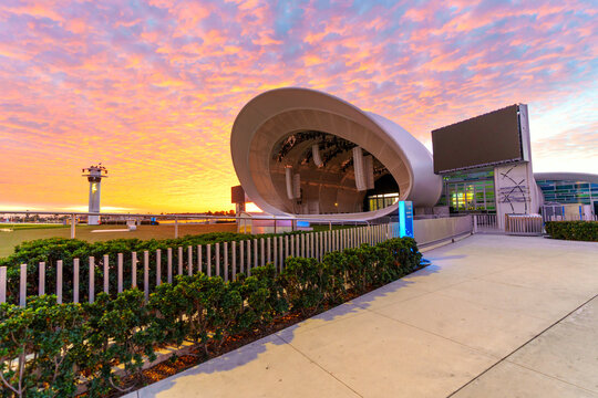 San Diego, California - December 30, 2025: Rady Shell Jacobs Park Architectural Details at Sunset