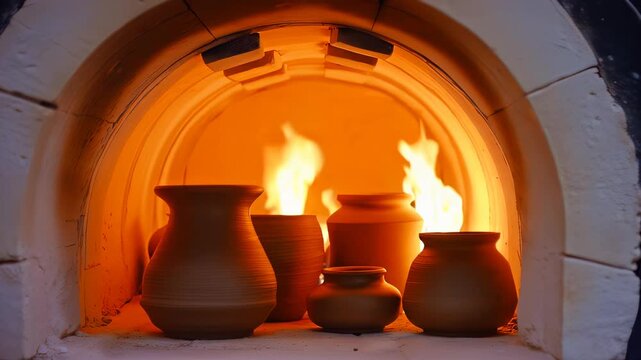 Pottery pieces being fired in a kiln with visible flames and warm glow illuminating the ceramic forms inside the chamber, showcasing the crafting process in a traditional setting