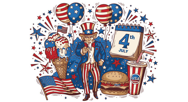 American Independence Day icon collection. Includes Uncle Sam, fireworks, ice cream, burger, soda, and patriotic symbols. Created in colorful illustration with red, white, and blue palette.
