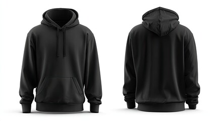 Front and back views of a plain black hoodie with a drawstring hood and a pouch pocket (1)