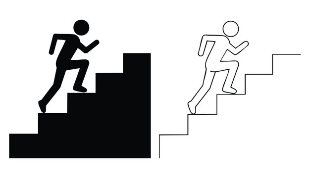 A contrasting side-by-side depiction of two stylized stick figures ascending a set of stairs, one represented as a solid black silhouette and the other as a white outline with a black
