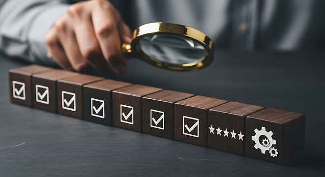 Business professional intently examines a row of wooden blocks featuring checklists rating stars and a gear mechanism representing quality control