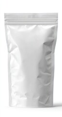 A vertical, sealed, white pouch with a zipper closure, shown against a white background