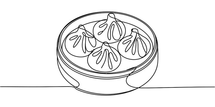 Continuous line drawing of four delicious dumplings in a traditional bamboo steamer basket.