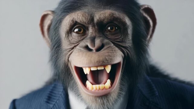 Monkey Suit Closeup Teeth Happy Animal Portrait Expressive Business Humor Smiling Chimpanzee Professional Anthropomorphic Mammal Primate Formal Emotion Joyful Funny Toothy Confident Friendly Face
