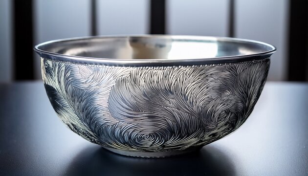 silver bowl with swirling frosty pattern and textured rim