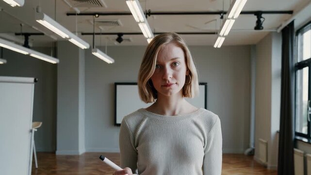 A portrait of a young blonde woman with a neutral expression standing in a minimalist, well-lit modern office or gallery space. Ideal for corporate websites, professional headshots, and modern workspa